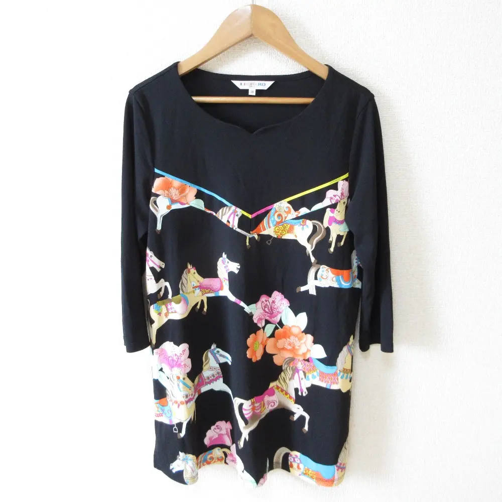 LEONARD SPORTS レオナールスポーツ 馬 ホースプリント 七分袖 チュニック カットソー 38 ブラック