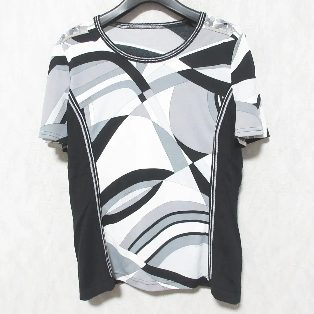 LEONARD SPORT レオナールスポーツ モノクロ 幾何学柄 カットソー サイズ40 ブラック