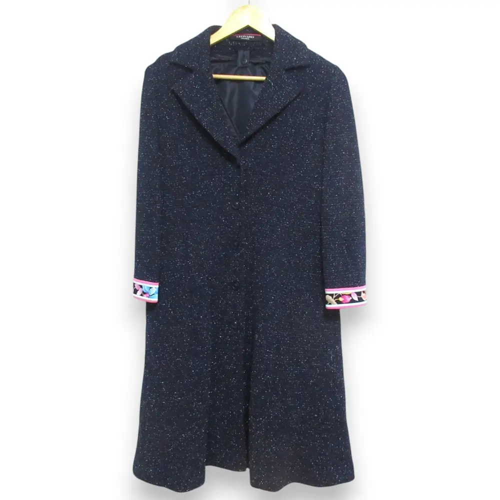 LEONARD レオナール フラワープリント キルティングライナー付き ラメニット チェスターコート ロングコート 38 ネイビー