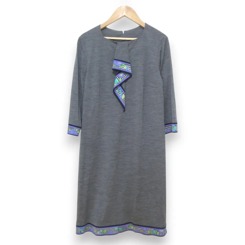 LEONARD レオナール ウール100％ フラワープリント 長袖 ミモレ丈ワンピース サイズ40 グレー