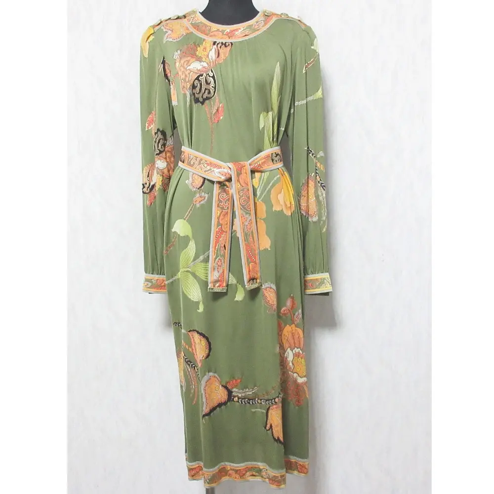 LEONARD レオナール シルク100％ フラワープリント ロングスリーブ ワンピース 11AR カーキ