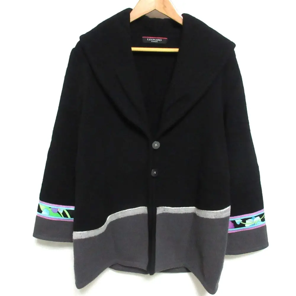 LEONARD レオナール フラワープリント ウール×シルク ラメ糸 ショールカラー ニットカーディガン 40 ブラック