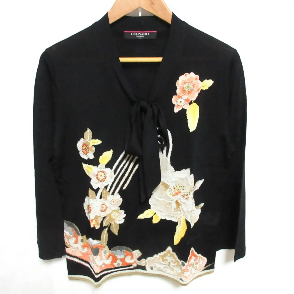 LEONARD レオナール フラワー ビーズ&ラインストーン総省区 シルク ボウタイ リボン 長袖 セーター ニット L ブラック