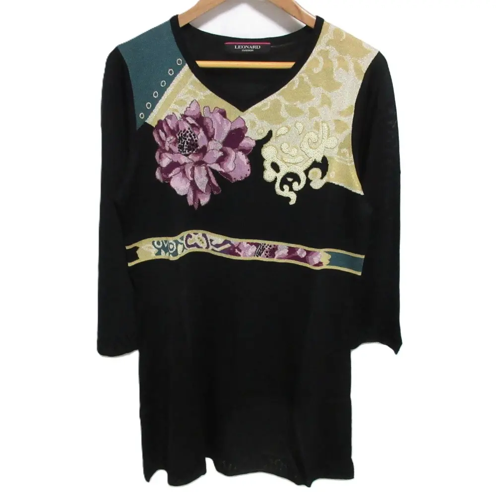 LEONARD レオナール フラワー ビーズ&ラインストーン装飾 シルクブレンド セーター ニットチュニック L ブラック