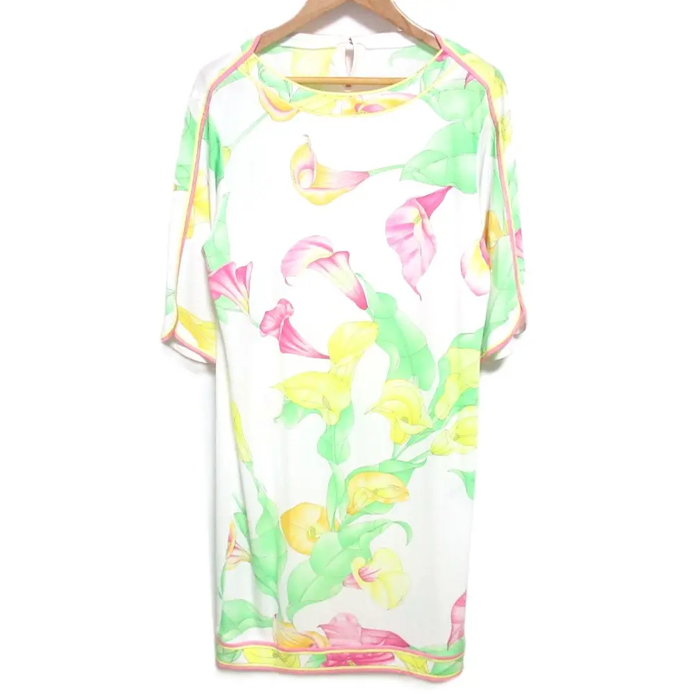 LEONARD レオナール カンカン素材 フラワープリント ハーフスリーブ ワンピース 38 ホワイト マルチカラー