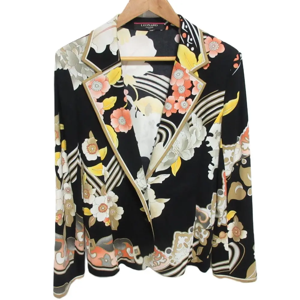 LEONARD レオナール カンカン素材 フラワープリント シングル テーラードジャケット L ブラック系 マルチカラー