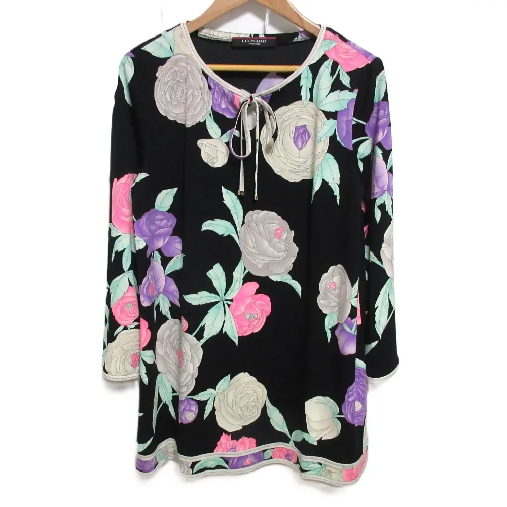 LEONARD レオナール カンカン素材 フラワープリント チュニック ミニワンピース 42 ブラック系 マルチカラー