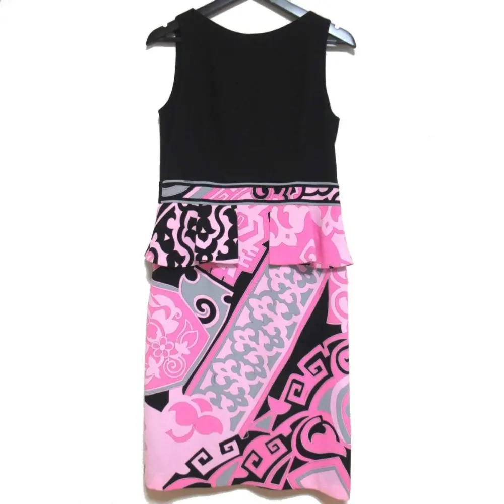 LEONARD レオナール カンカン素材 ひざ丈 ノースリーブ ペプラム ドレス ワンピース 42サイズ ブラック×ピンク系