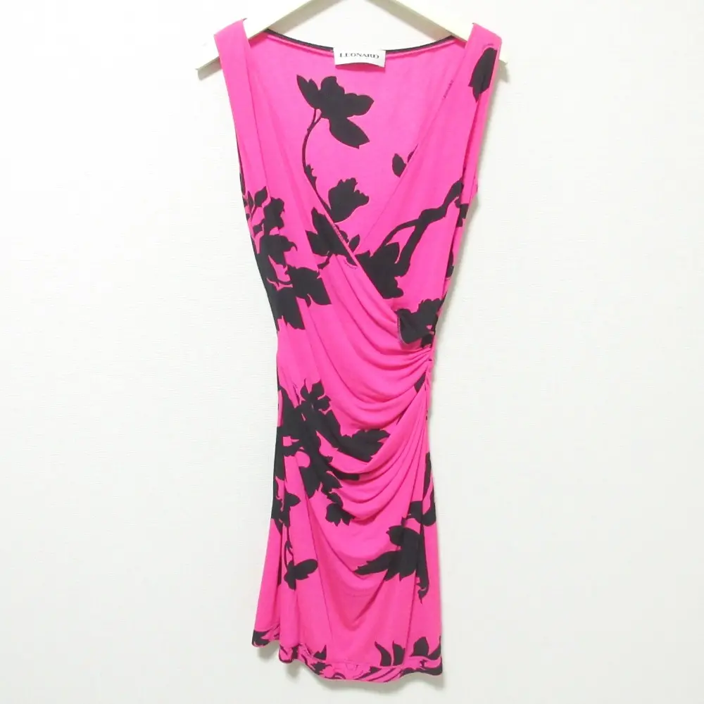 LEONARD レオナール フラワープリント シルク カシュクール ドレープドレス ノースリーブ ミニワンピース 36 ピンク ブラック