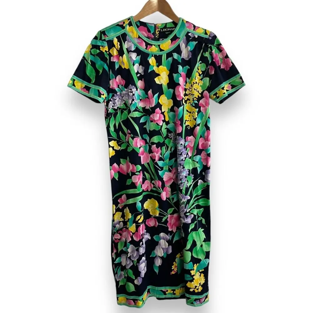 LEONARD レオナール 花柄 フラワープリント 半袖 ベルト付き ひざ下丈 ワンピース ドレス M マルチカラー