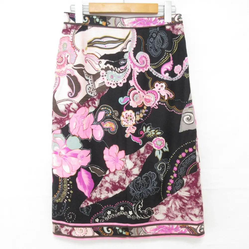 LEONARD レオナール フラワーペイズリー柄 シルクブレンド ひざ丈 タイトスカート サイズ70 マルチカラー