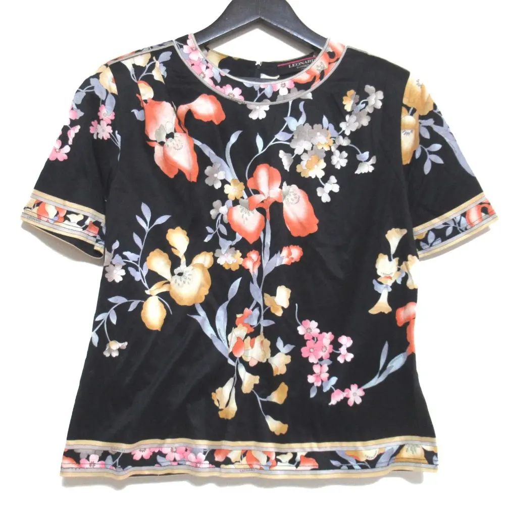LEONARD レオナール フラワープリント ショートスリーブ 半袖 ブラウス Lサイズ ブラック