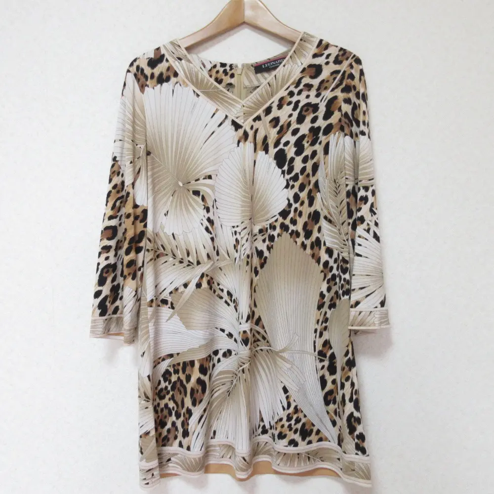 LEONARD レオナール レオパード柄 カンカン素材 七分袖 プルオーバー ブラウス 38 ブラウン