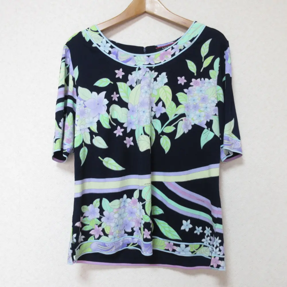 LEONARD レオナール フラワープリント カンカン素材 半袖 ショートスリーブ ブラウス 42 ネイビー