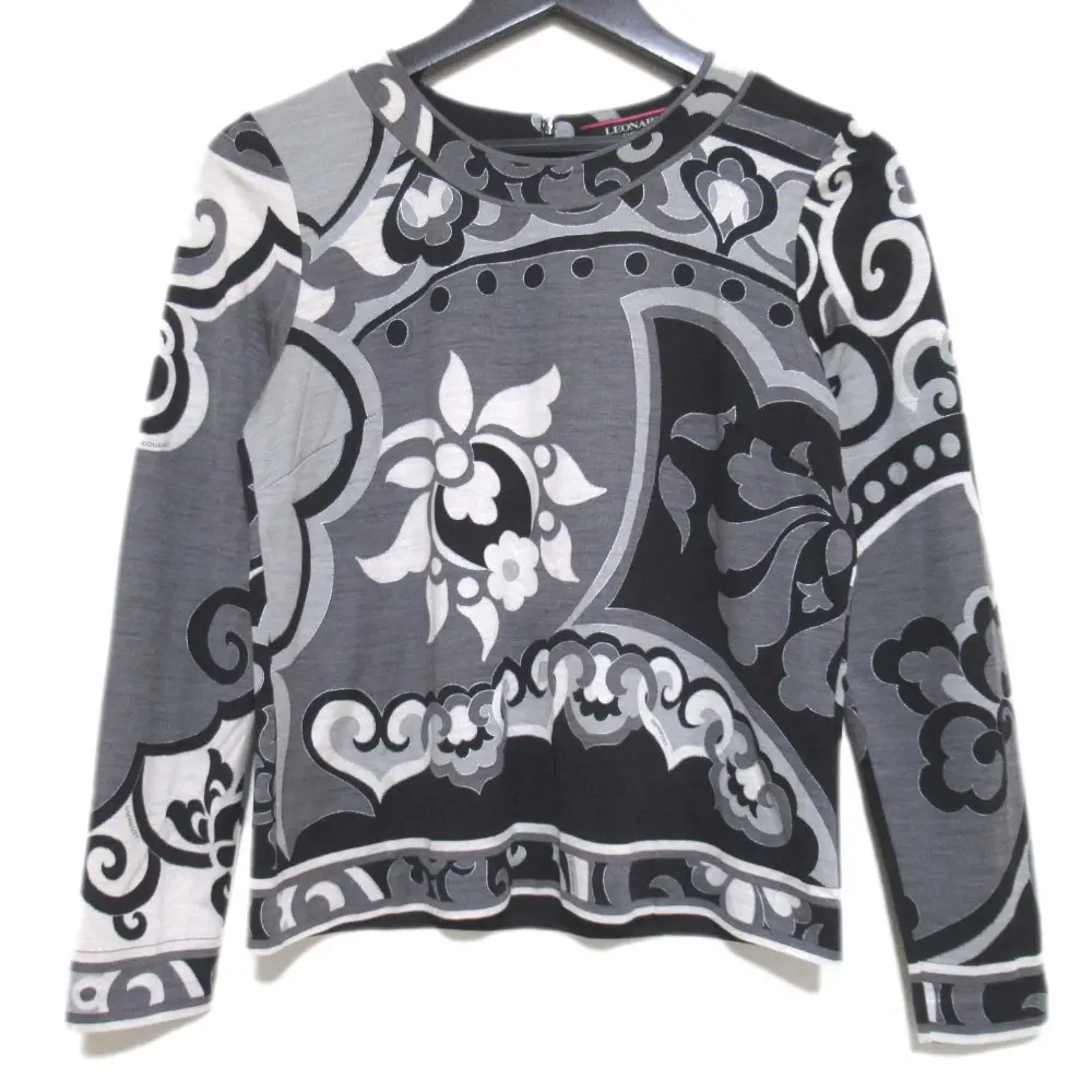 LEONARD レオナール ウールシルク 総柄 プルオーバー ブラウス ニットカットソー Mサイズ ブラック グレー