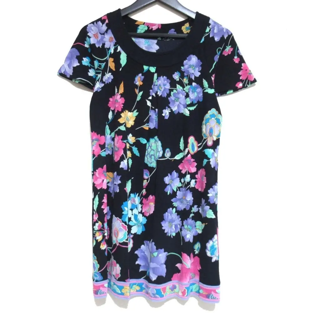 LEONARD レオナール フラワープリント ミニ丈 ドレス ワンピース チュニック 40サイズ ダークネイビー×マルチカラー