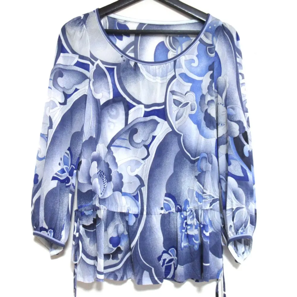 クリーニング済 LEONARD レオナール 総柄 カンカン素材 七分袖 プルオーバー シアー ブラウス Mサイズ ブルー