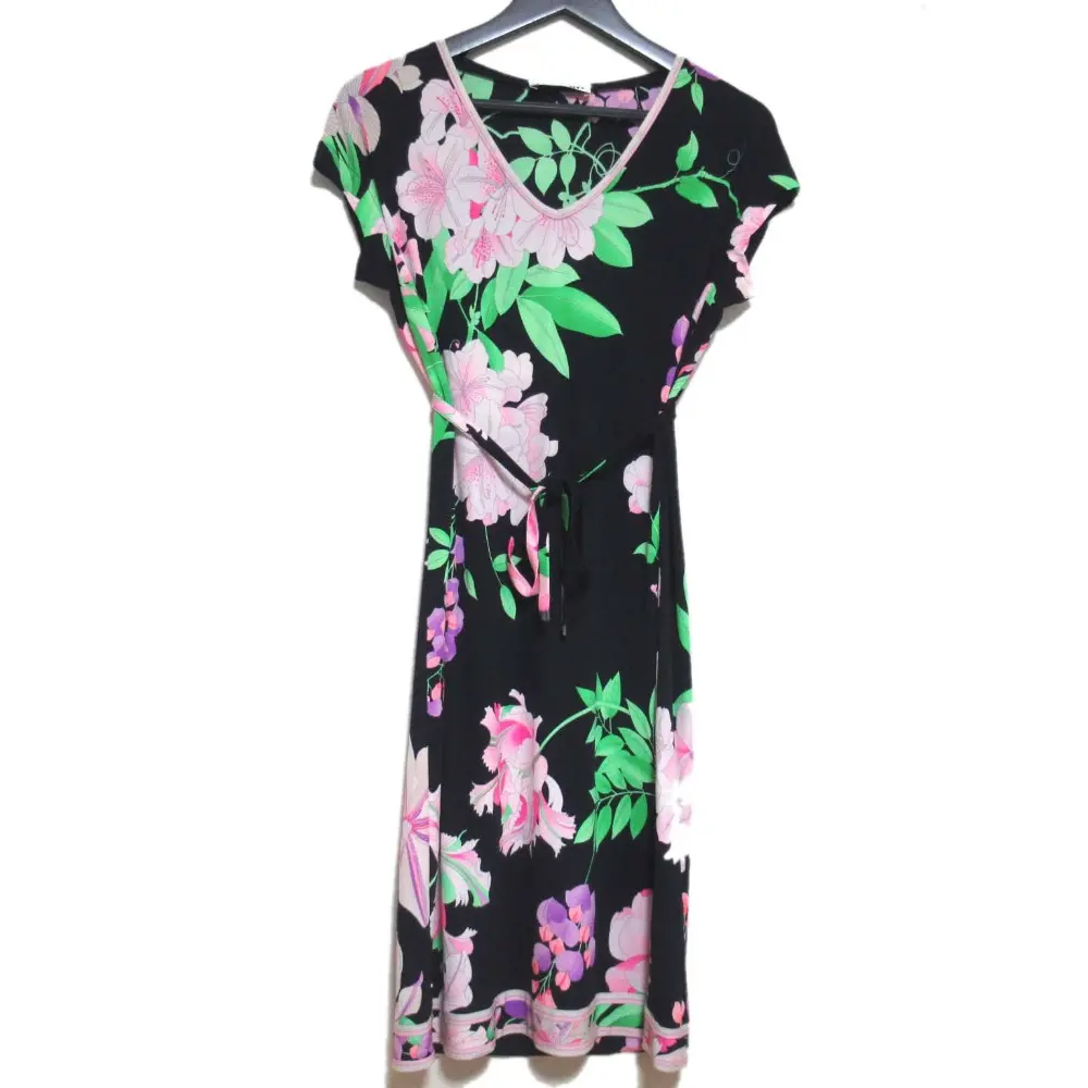 LEONARD PARIS レオナール フラワー柄 ひざ丈 Vネック フレンチスリーブ ベルト付き ワンピース 42サイズ ダークネイビー