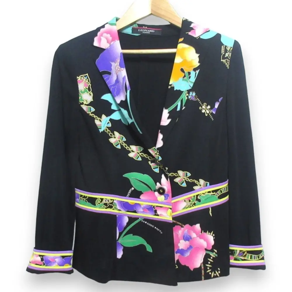 LEONARD レオナール フラワープリント カンカン素材 シングル テーラードジャケット サイズ38 マルチカラー
