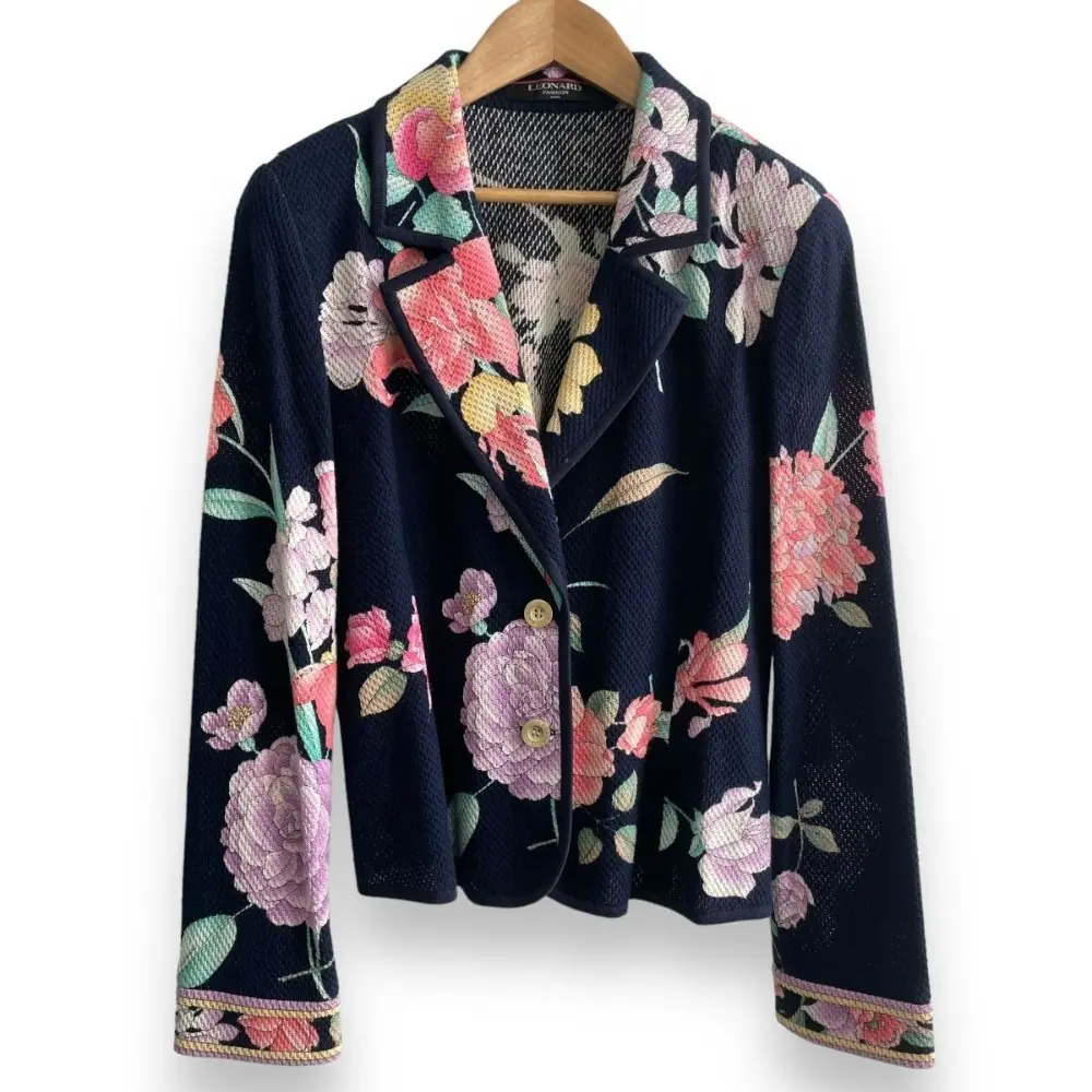 LEONARD レオナール 花柄 フラワープリント リネンブレンド シングル テーラードジャケット L ネイビー系