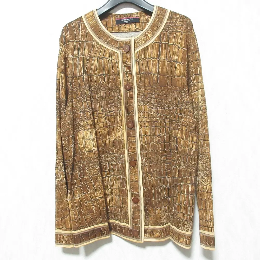 LEONARD レオナール クロコプリント ウールシルク ノーカラージャケット カーディガン 大きいサイズ LL ブラウン