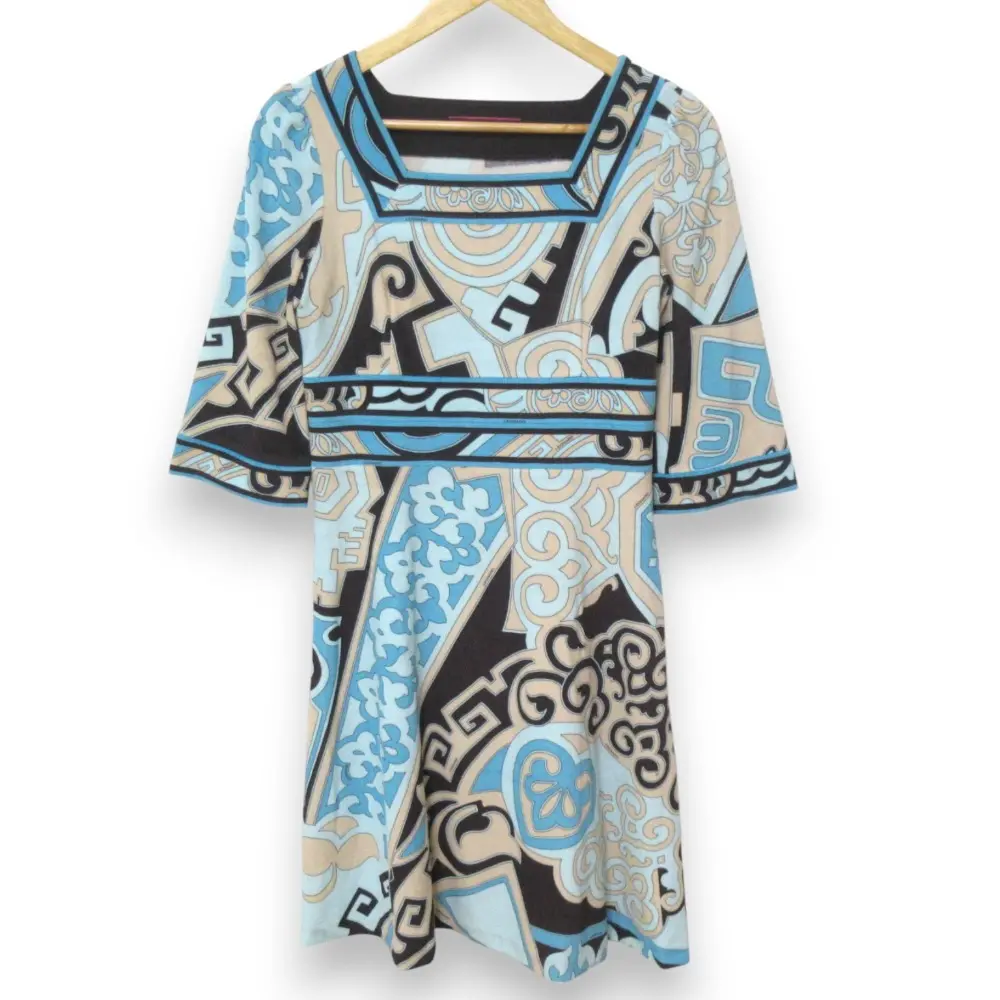 LEONARD レオナール 総柄 カンカン素材 スクエアネック ハーフスリーブ ひざ丈 ワンピース サイズ38 マルチカラー