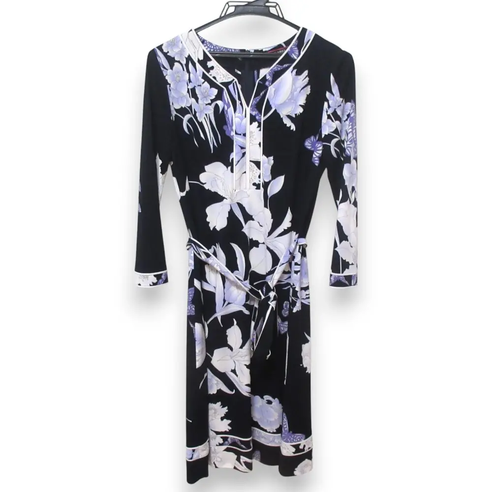 LEONARD レオナール フラワープリント カンカン素材 キーネック ベルテッドワンピース ドレス サイズ40 ネイビー