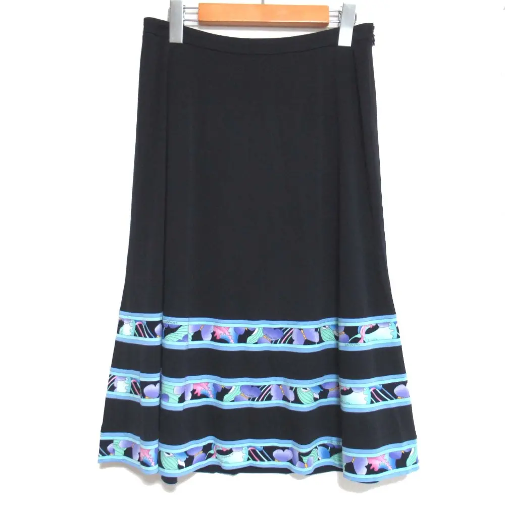 LEONARD レオナール フラワープリント切替 カンカン素材 ひざ丈 スカート 70サイズ ブラック ブルー