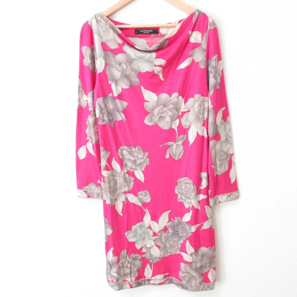 LEONARD レオナール 薔薇プリント ウールシルク 長袖 ワンピース 36 ピンク
