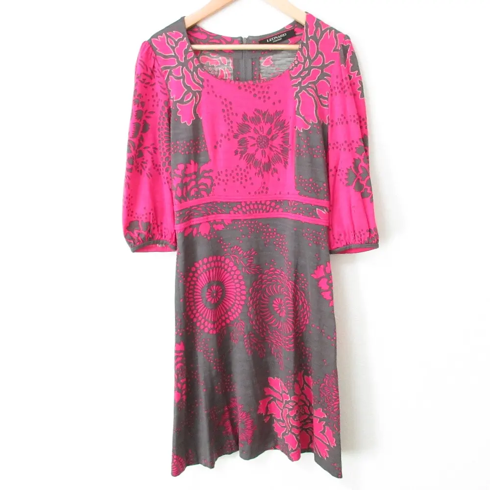 LEONARD レオナール ボタニカルプリント ウール100％ 七分袖 ひざ丈 フレアワンピース 2 ピンク グレー