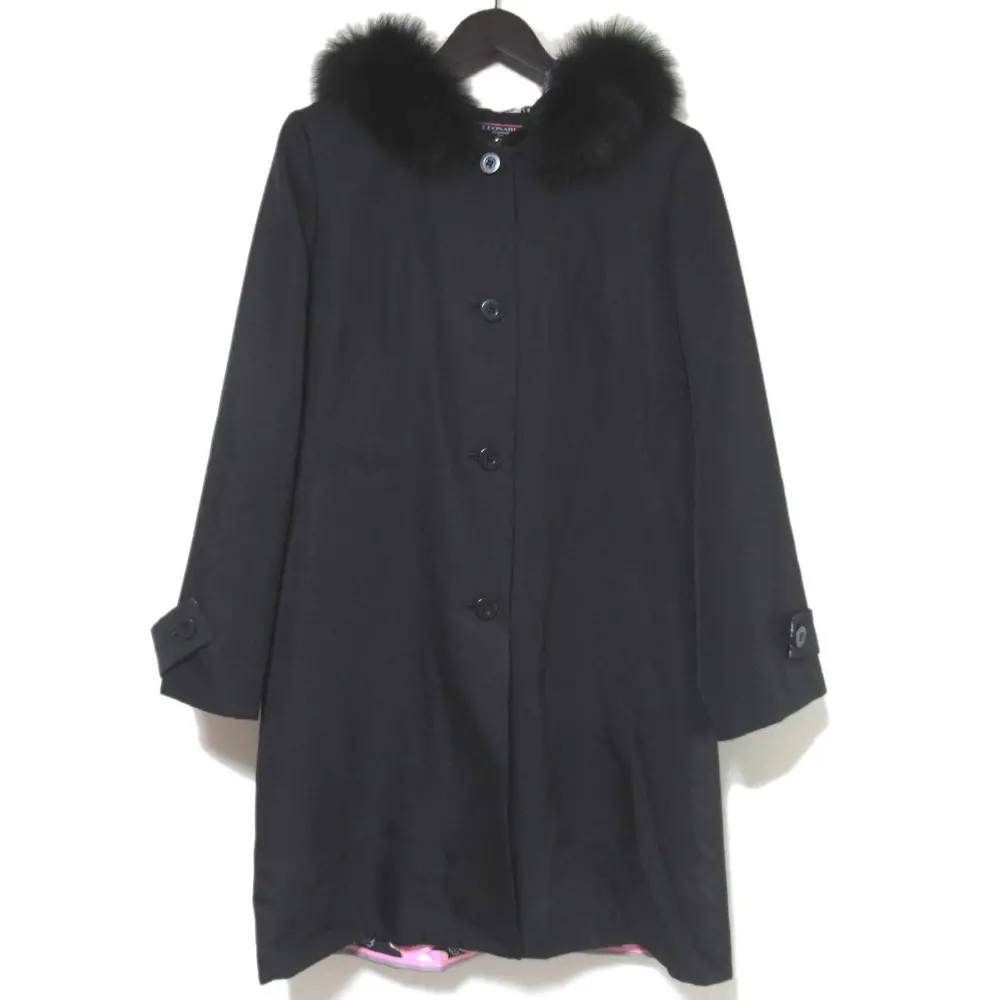 LEONARD FASHION レオナール パデッドライナー付 ファー フーディー コート 11Rサイズ ブラック