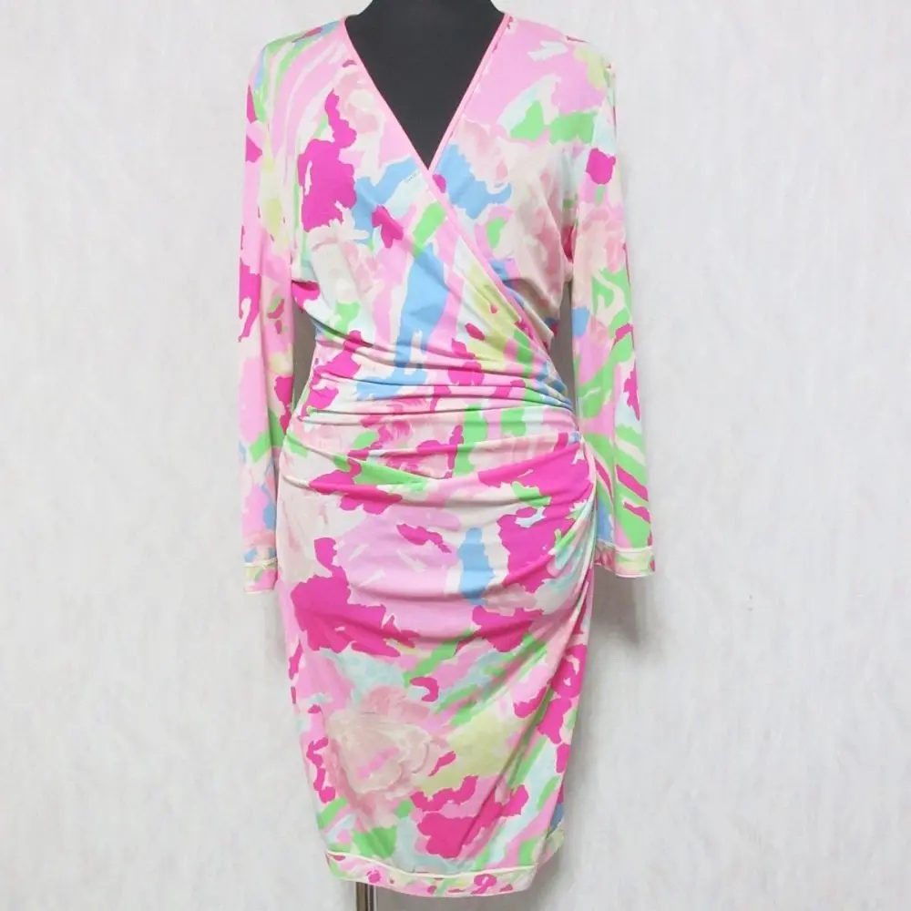 LEONARD レオナール 花柄 フラワープリント シルク100％ 長袖 ひざ丈 カシュクールドレス ギャザー ワンピース 36 ピンク