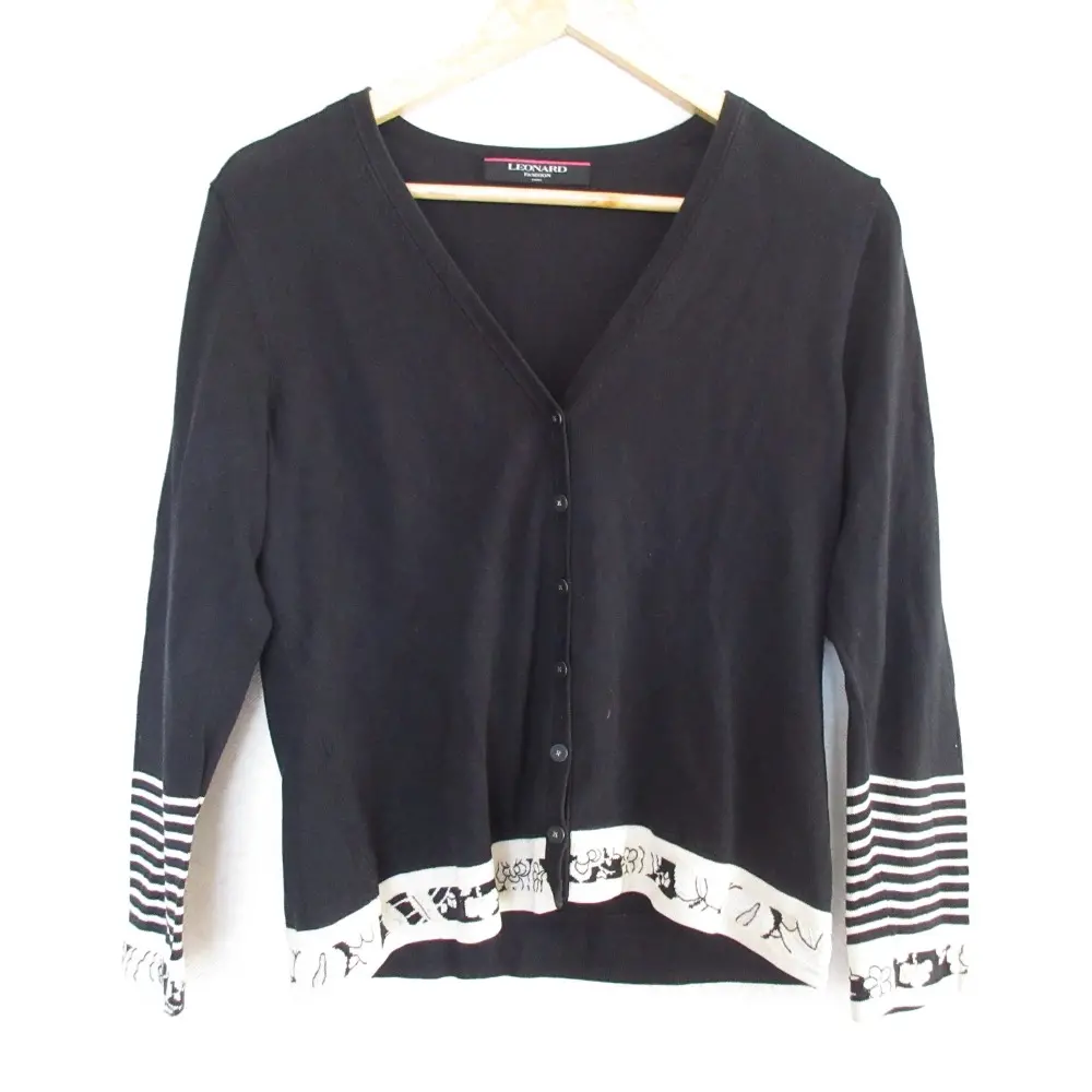 LEONARD レオナール シルクコットン ニット カーディガン LL ブラック ホワイト