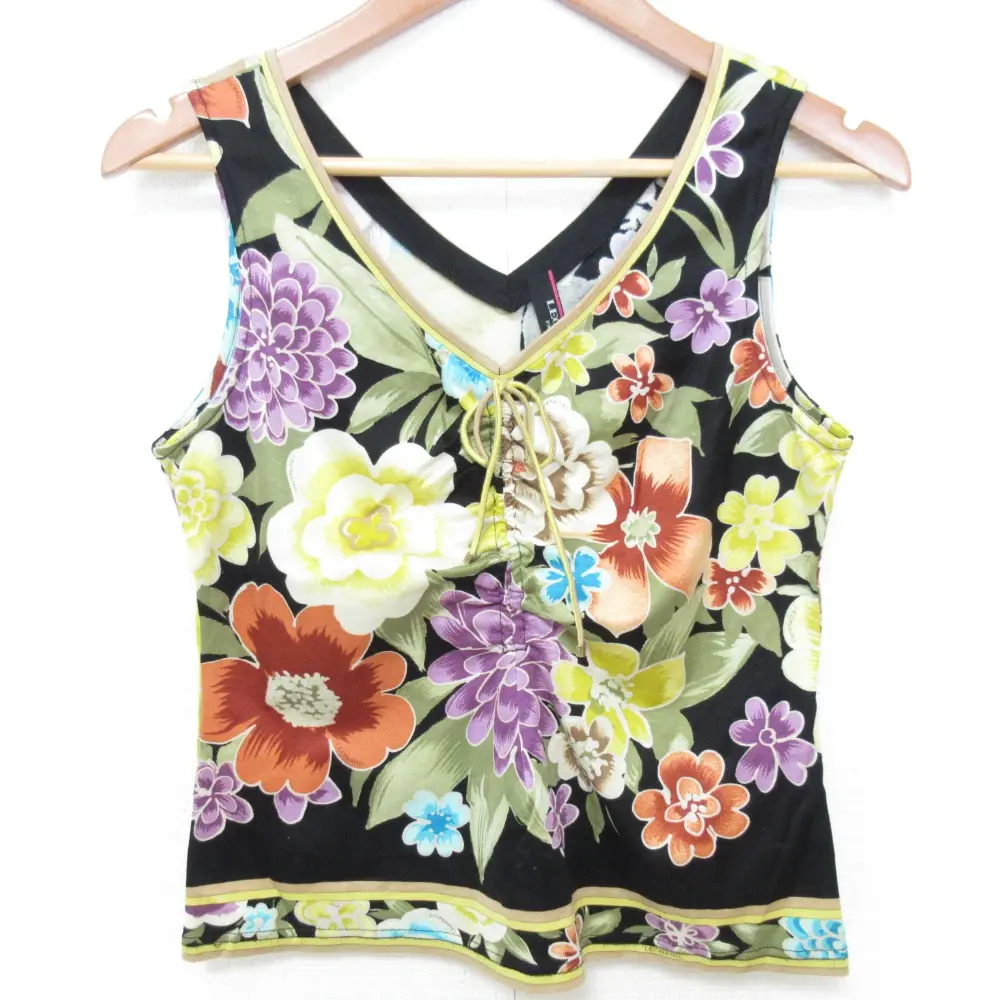 LEONARD レオナール フラワープリント リボン Vネック ノースリーブ カットソー プルオーバー ブラック マルチカラー