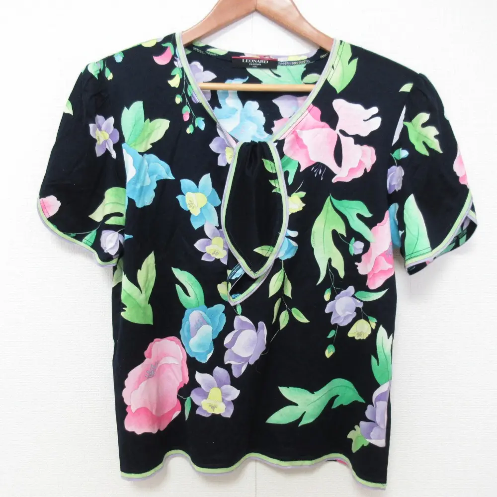 LEONARD レオナール フラワープリント 半袖 リボンカットソー サイズLL ネイビー