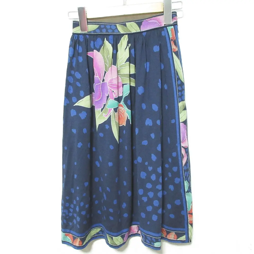 LEONARD レオナール ヴィンテージ フラワープリント ウールシルク ひざ丈 フレア スカート 66～69cm ネイビー