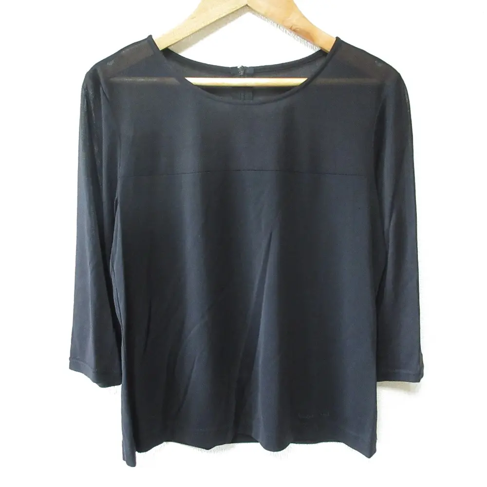 LEONARD レオナール カンカン バックジップ 七分袖 シアー カットソー プルオーバー ブラウス M ブラック