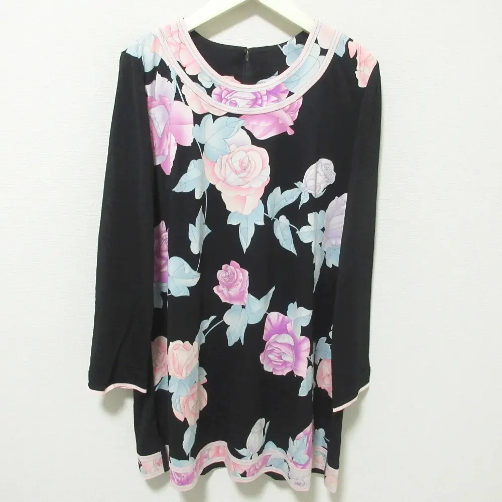 LEONARD レオナール カンカン フラワープリント ロングスリーブ チュニック ニットカットソー 42 ブラック×ピンク