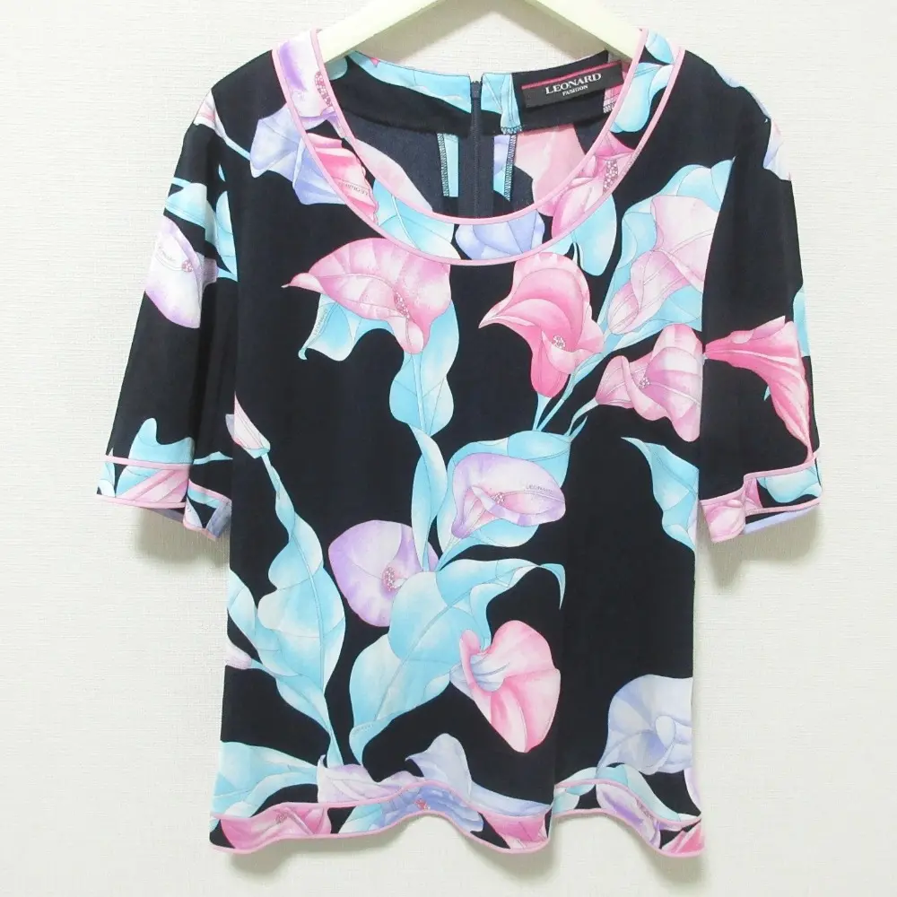 LEONARD レオナール カンカン フラワープリント ショートスリーブ カットソー ブラウス 42 マルチカラー