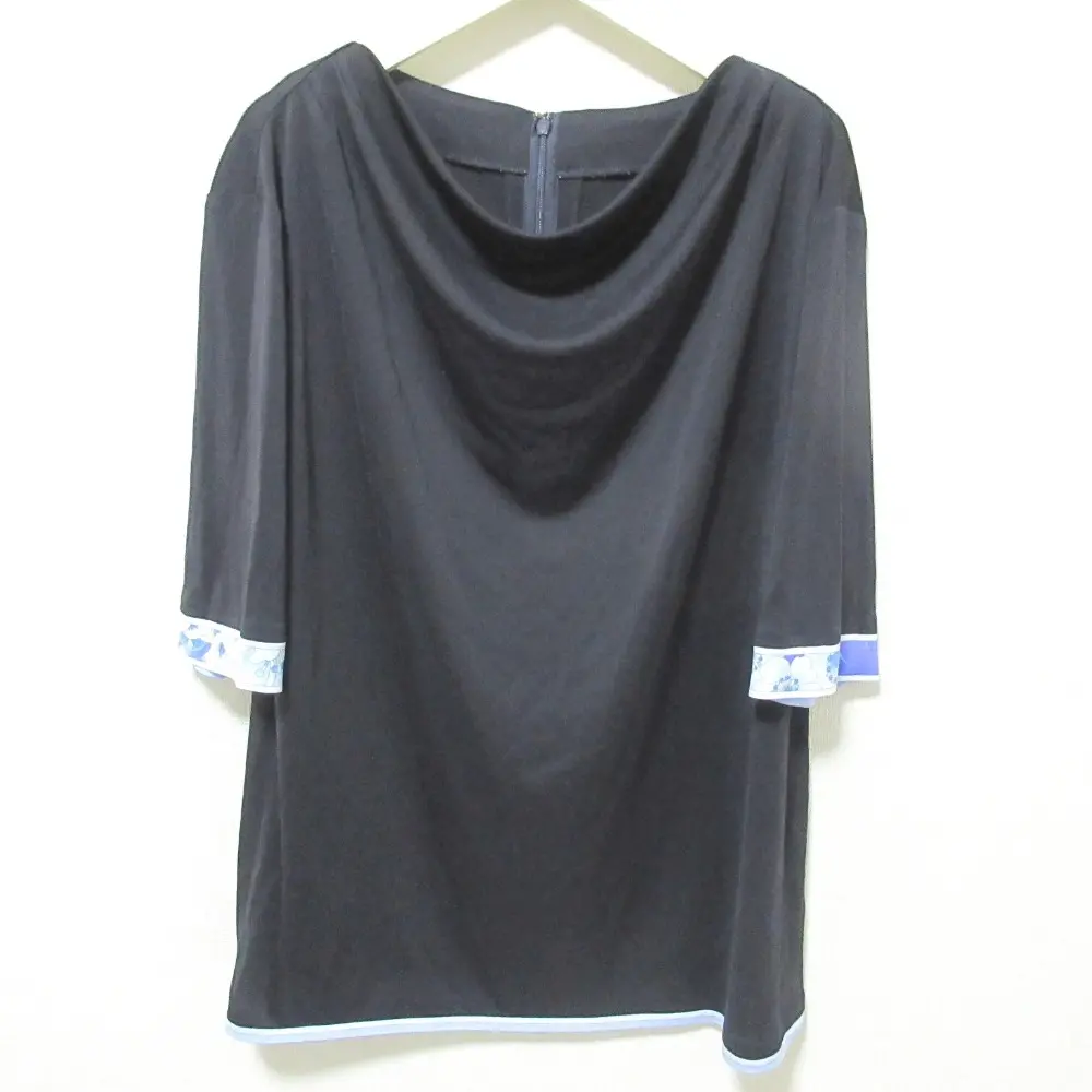 LEONARD レオナール カンカン フラワープリントトリム ショートスリーブ ドレープカットソー 40 ネイビー