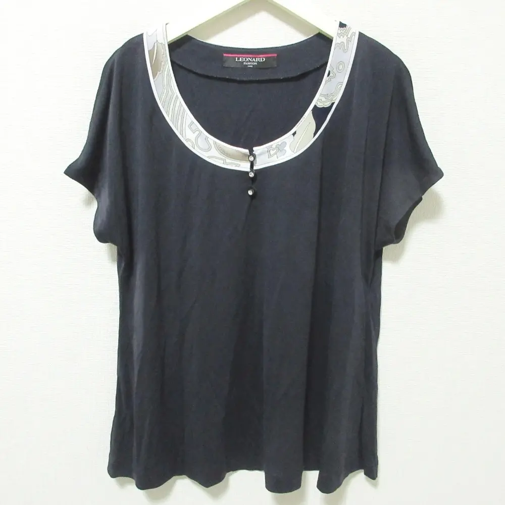 LEONARD レオナール カンカン フラワープリントトリム ショートスリーブ カットソー ブラウス L ネイビー