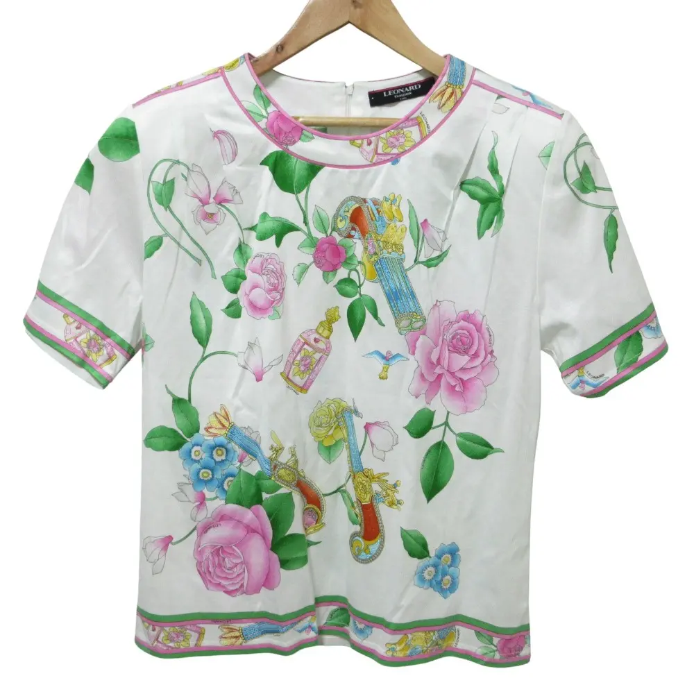 クリーニング済 LEONARD レオナール フラワープリント 半袖 Tシャツ カットソー L オフホワイト