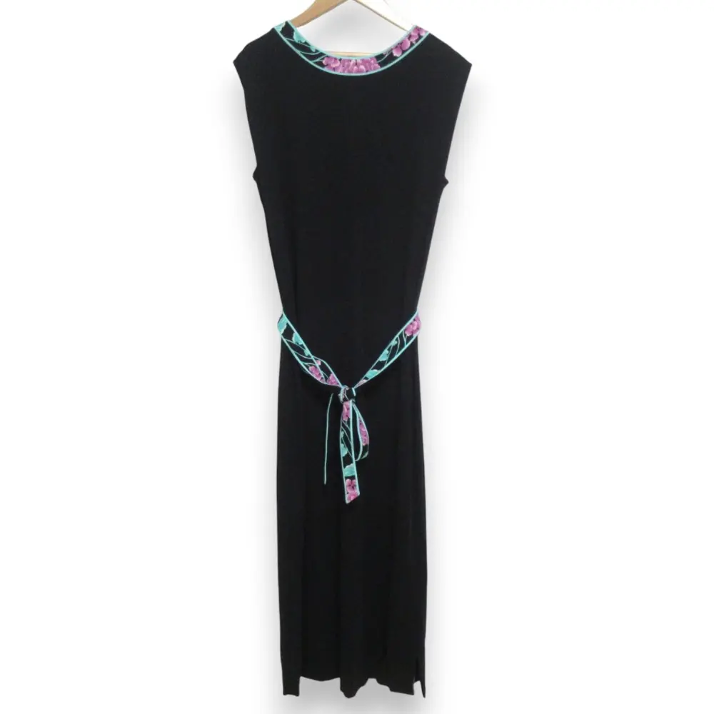 LEONARD レオナール フラワープリントトリム ノースリーブ ベルテッド ロングワンピース サイズ42 ブラック