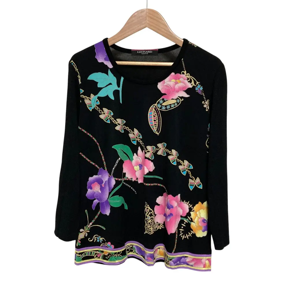 LEONARD レオナール フラワープリント カンカン素材 ロングスリーブ ブラウス 42 ブラック