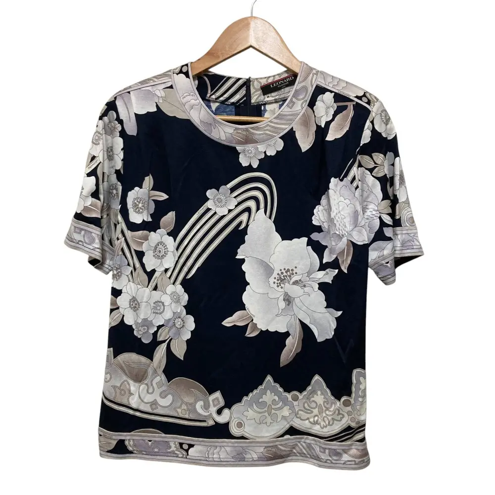 LEONARD レオナール フラワープリント ショートスリーブ ブラウス L ネイビー
