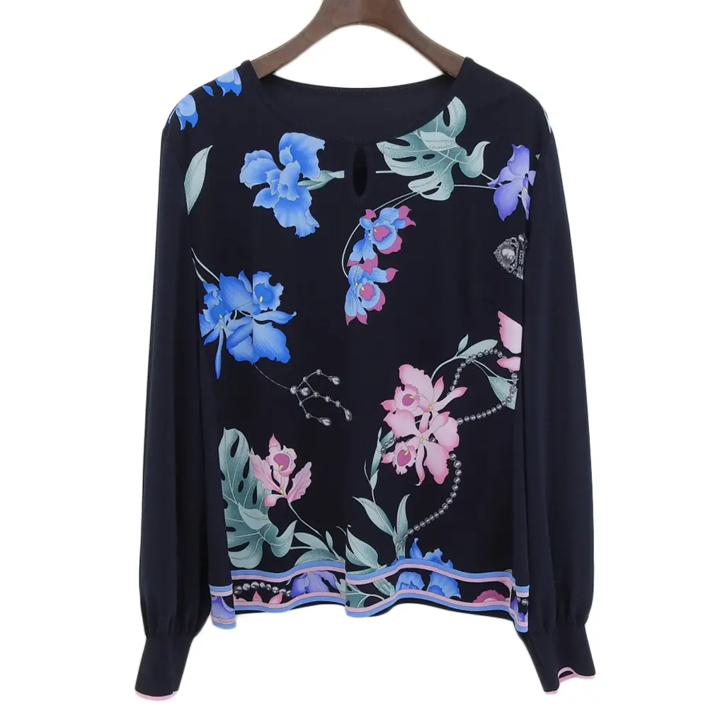 LEONARD レオナール フラワープリント カンカンストレッチ 長袖 ブラウス 40 ダークネイビー