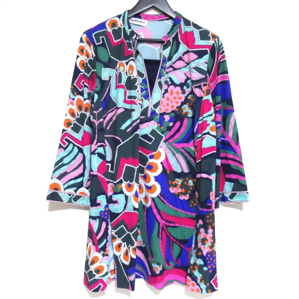 LEONARD レオナールパリ 総柄 ひざ上丈 スリットヘム チュニック ワンピース 42サイズ マルチカラー