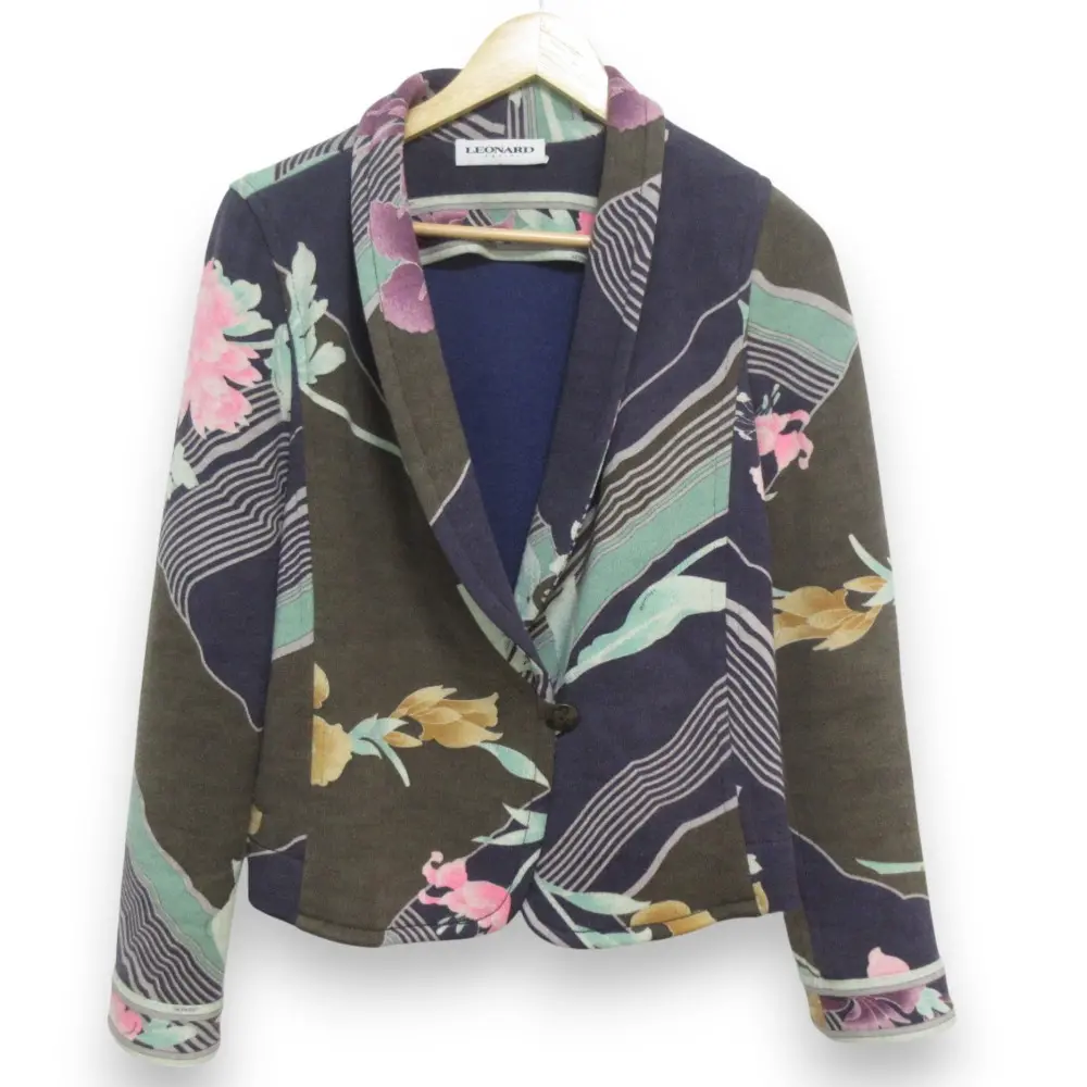 LEONARD PARIS レオナールパリ ウールブレンド フラワープリント テーラードジャケット サイズ44 カーキ系マルチカラー