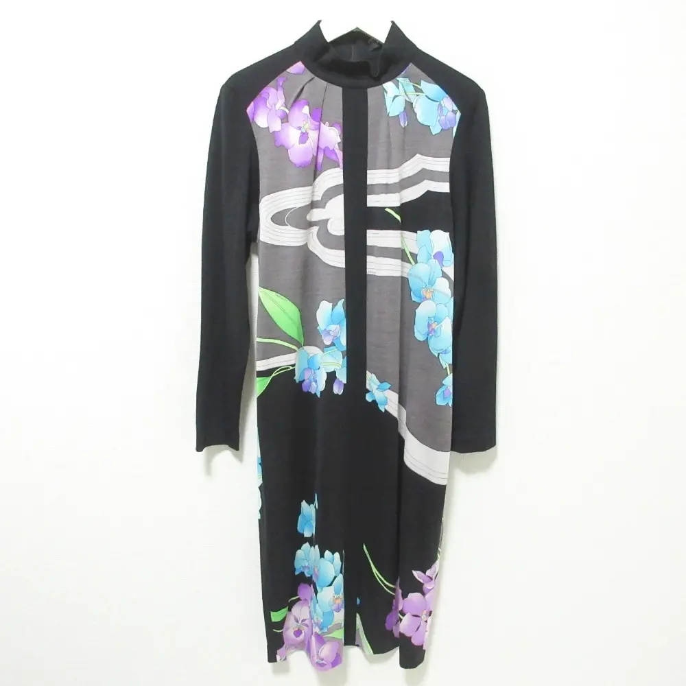 LEONARD レオナール フラワープリント ウールシルク ハイネック 長袖 ニットワンピース 40 ブラック系マルチカラー