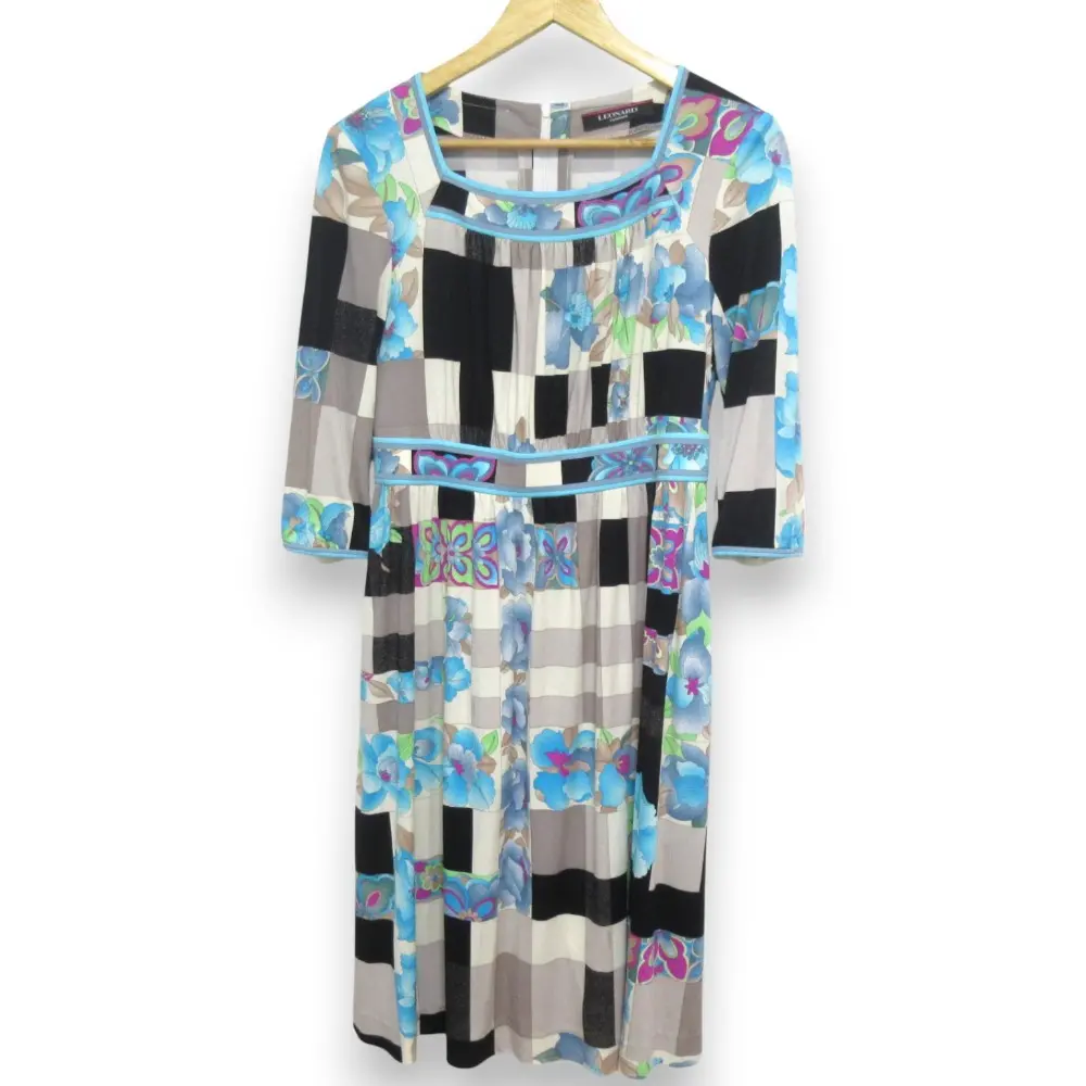 LEONARD レオナール カンカン チェック柄 スクエアネック クォータースリーブ ミモレ丈ワンピース サイズ40 マルチカラー